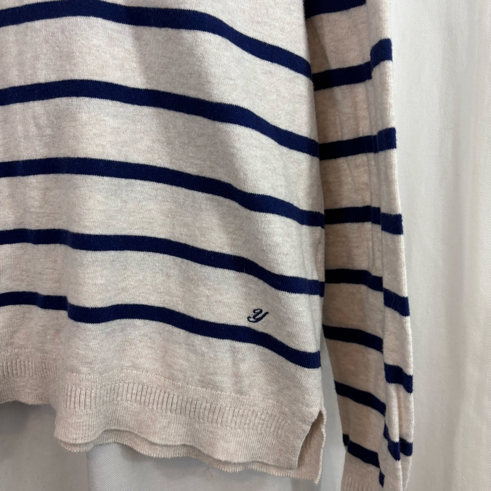Women's YERSE Beige & Navy Striped Breton Crew Neck Sweater Size L - Picture 3 of 4